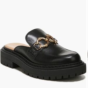 Black Leather Loafers with Gold Chain Detail